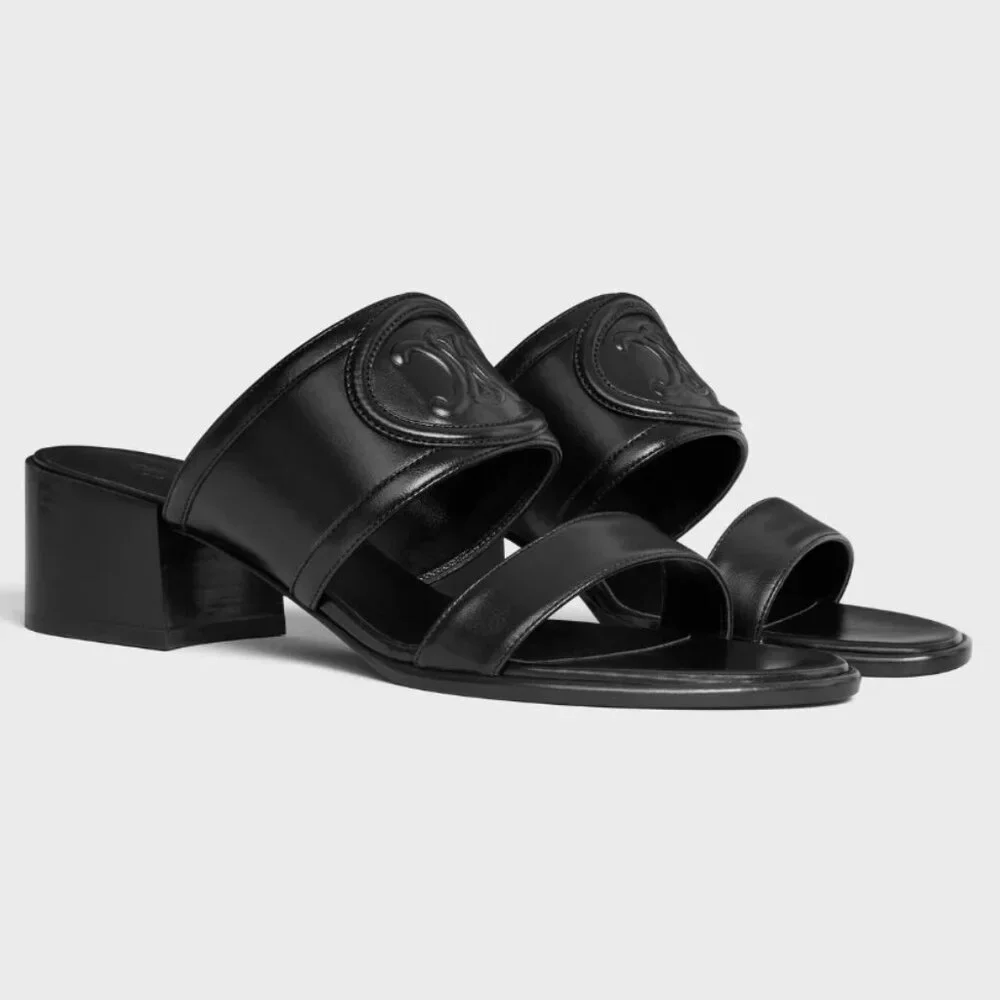 CELINE Appoline Lambskin Leather 40 Mule Slide Sandals Heels Triomphe Logo - Picture 1 of 13